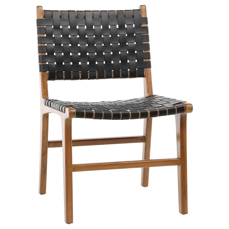 Chaise de salle à manger Maverick en cuir tissé pleine fleur avec cadre en teck