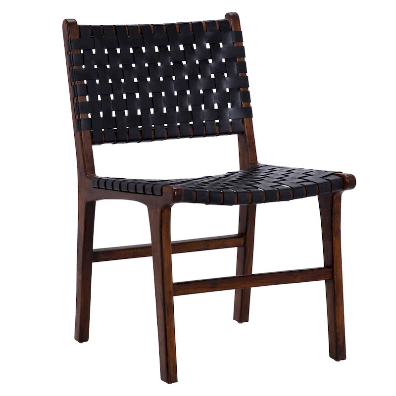 Chaise de salle à manger Maverick en cuir tissé pleine fleur avec cadre en teck