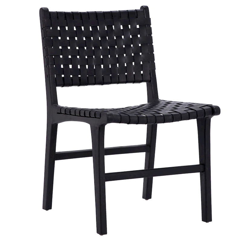Chaise de salle à manger Maverick en cuir tissé pleine fleur avec cadre en teck