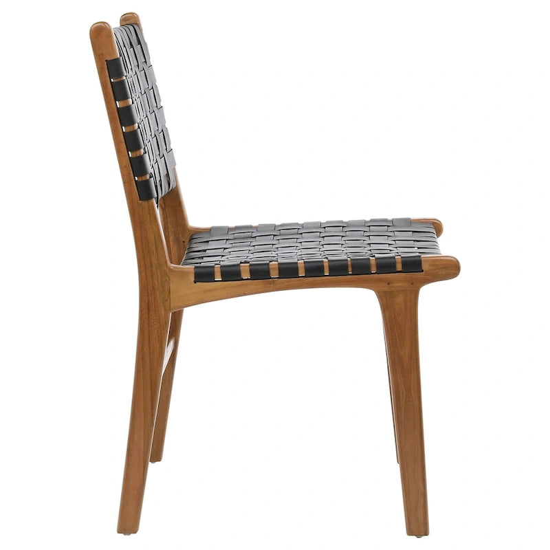Chaise de salle à manger Maverick en cuir tissé pleine fleur avec cadre en teck