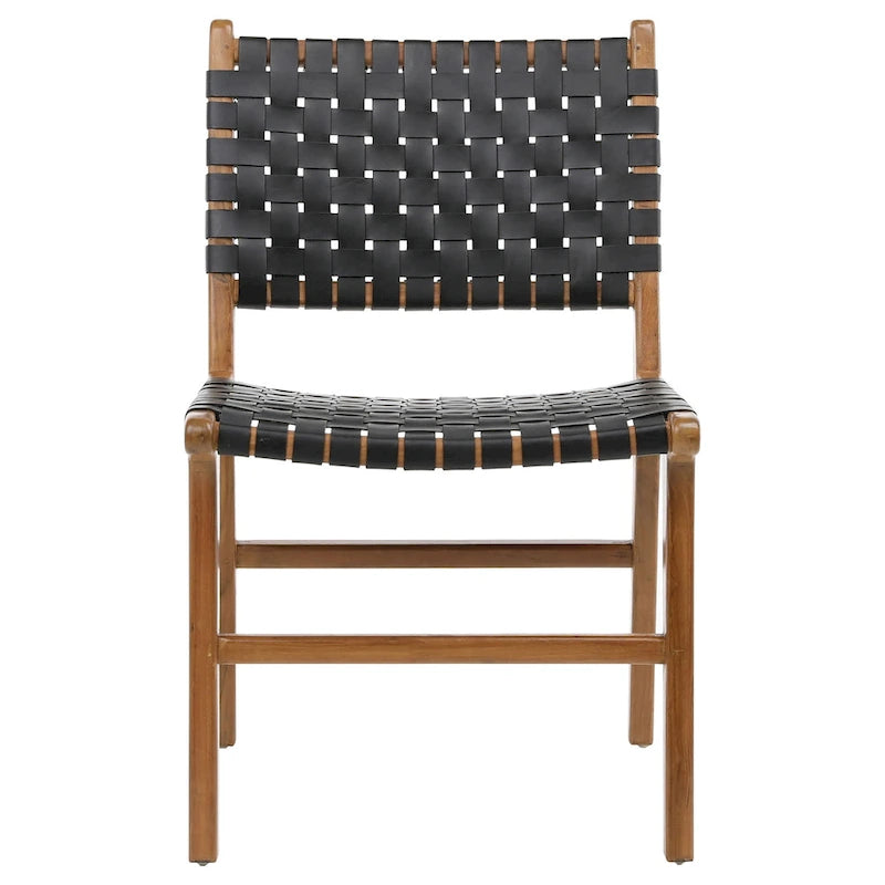 Chaise de salle à manger Maverick en cuir tissé pleine fleur avec cadre en teck