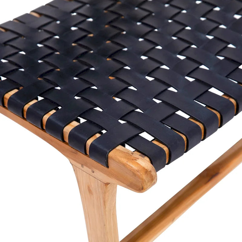 Chaise de salle à manger Maverick en cuir tissé pleine fleur avec cadre en teck