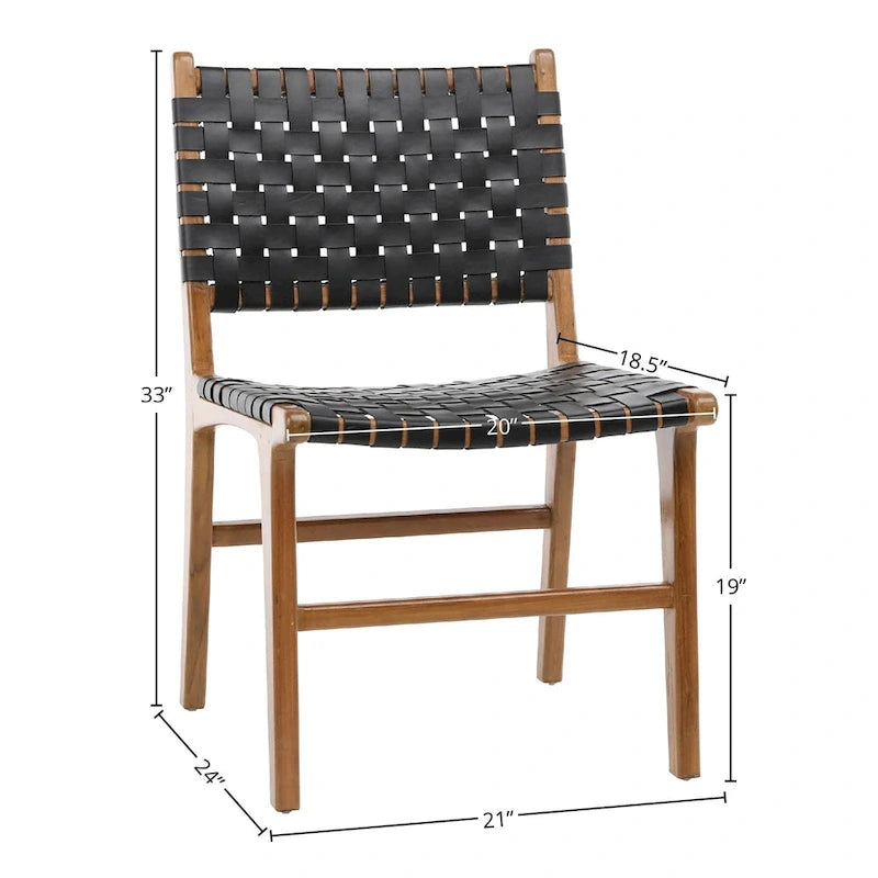 Chaise de salle à manger Maverick en cuir tissé pleine fleur avec cadre en teck