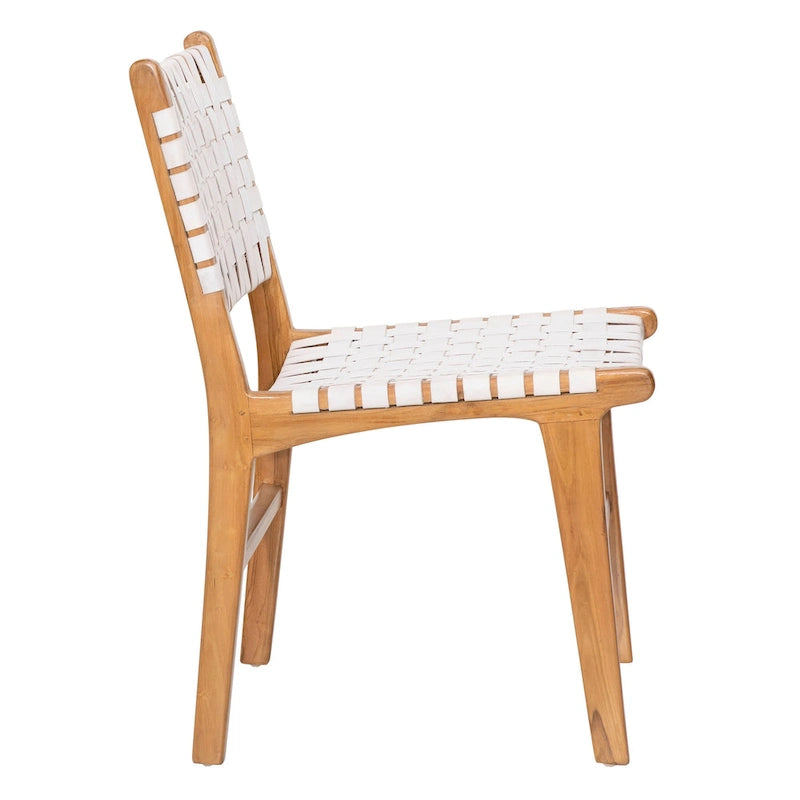 Chaise de salle à manger Maverick en cuir tissé pleine fleur avec cadre en teck