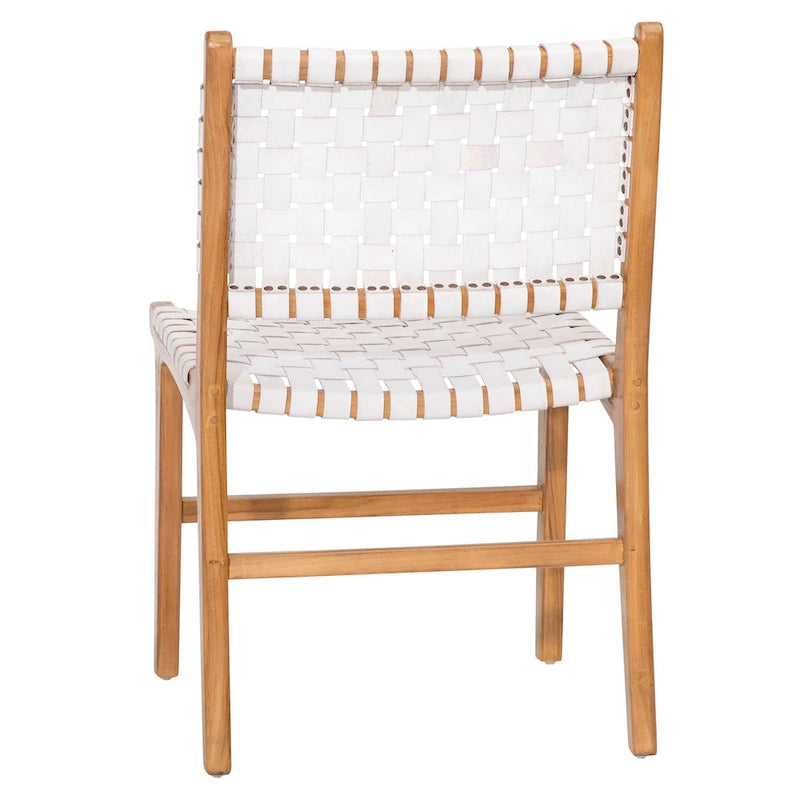 Chaise de salle à manger Maverick en cuir tissé pleine fleur avec cadre en teck
