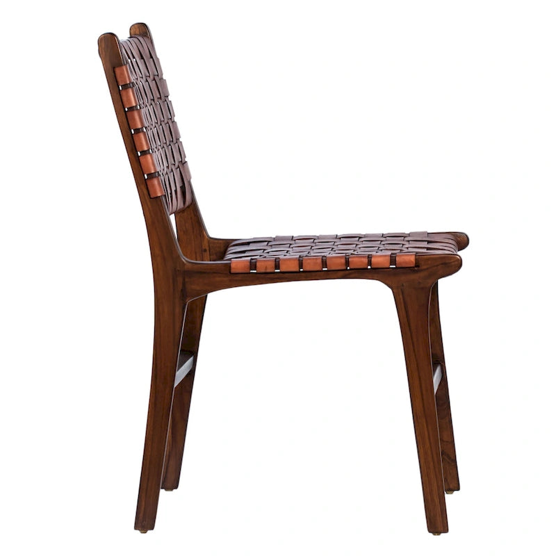 Chaise de salle à manger Maverick en cuir tissé pleine fleur avec cadre en teck