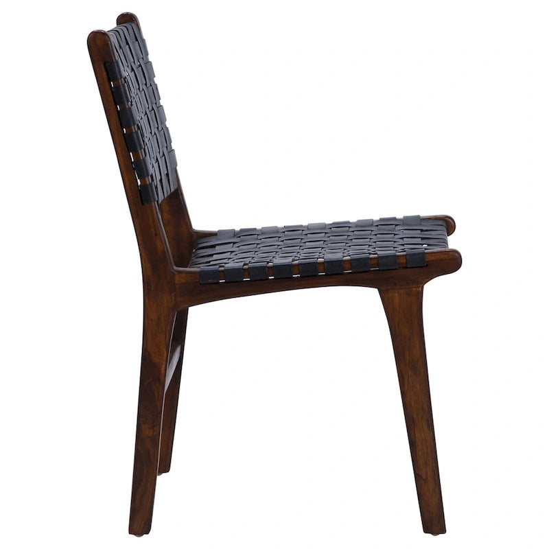 Chaise de salle à manger Maverick en cuir tissé pleine fleur avec cadre en teck