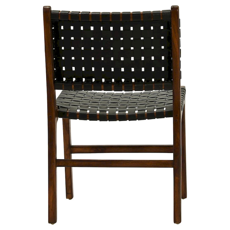 Chaise de salle à manger Maverick en cuir tissé pleine fleur avec cadre en teck