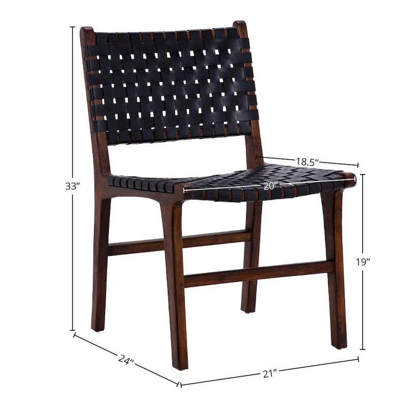 Chaise de salle à manger Maverick en cuir tissé pleine fleur avec cadre en teck