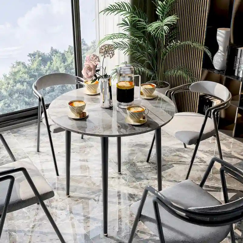 Table à manger ronde avec plateau en marbre et pieds en métal pour salle à manger ou cuisine