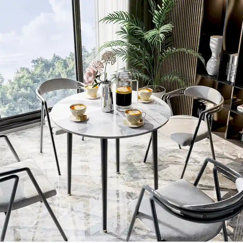 Table à manger ronde avec plateau en marbre et pieds en métal pour salle à manger ou cuisine