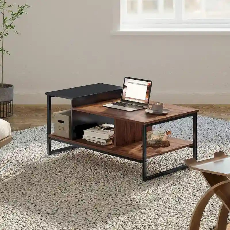 Farmhouse Glass Coffee Table with Storage, Metal Wood