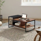 Farmhouse Glass Coffee Table with Storage, Metal Wood