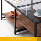 Table basse de ferme en verre avec rangement, métal et bois