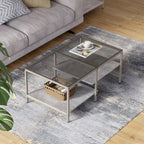 Table basse de ferme en verre avec rangement, métal et bois