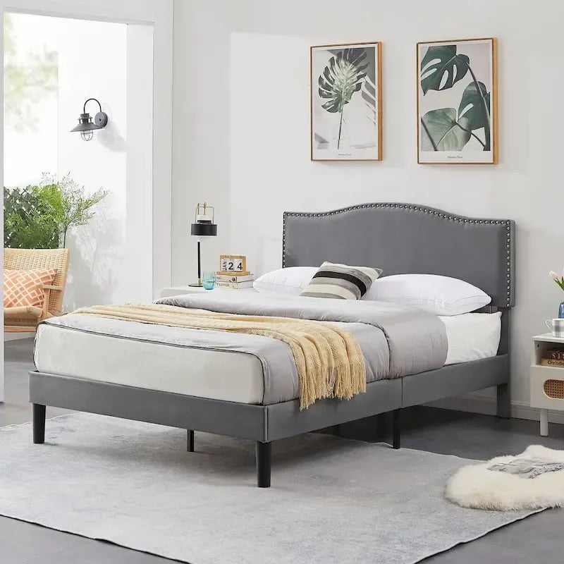 VECELO, Cadre de lit plateforme rembourré avec tête de lit cloutée Lit simple, double, Queen Size – Gris