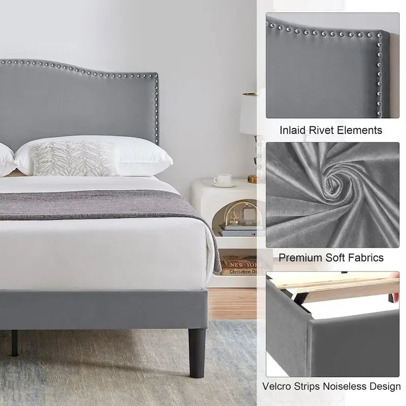 VECELO, Cadre de lit plateforme rembourré avec tête de lit cloutée Lit simple, double, Queen Size – Gris
