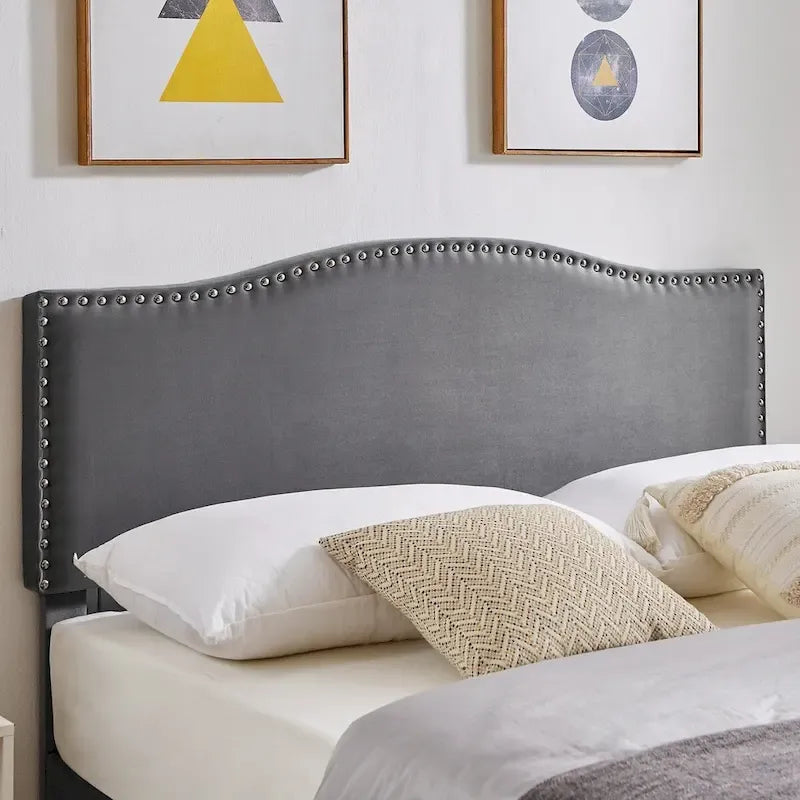 VECELO, Cadre de lit plateforme rembourré avec tête de lit cloutée Lit simple, double, Queen Size – Gris