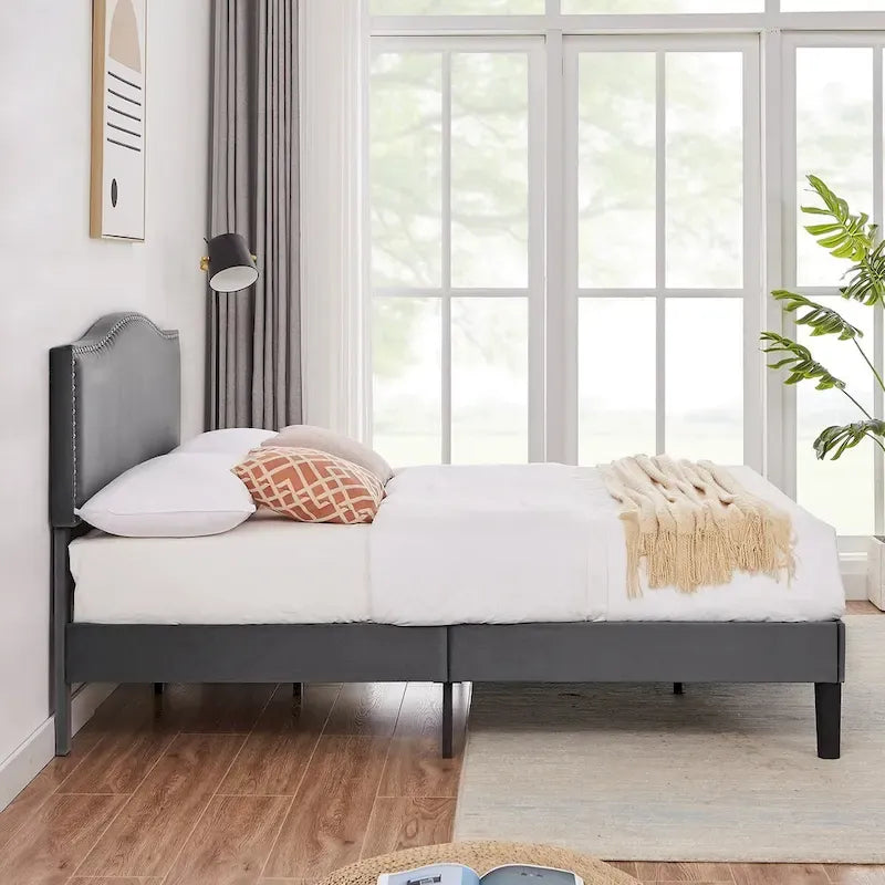 VECELO, Cadre de lit plateforme rembourré avec tête de lit cloutée Lit simple, double, Queen Size – Gris