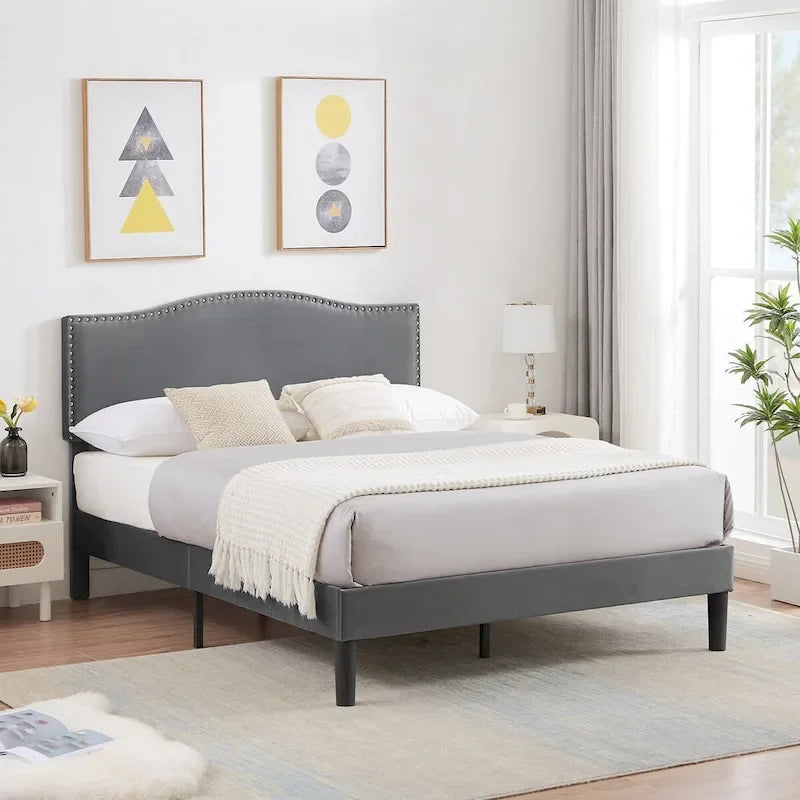 VECELO, Cadre de lit plateforme rembourré avec tête de lit cloutée Lit simple, double, Queen Size – Gris