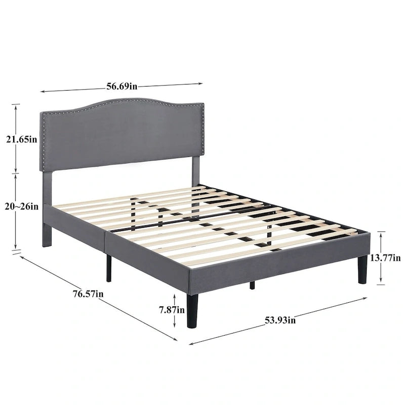 VECELO, Cadre de lit plateforme rembourré avec tête de lit cloutée Lit simple, double, Queen Size – Gris