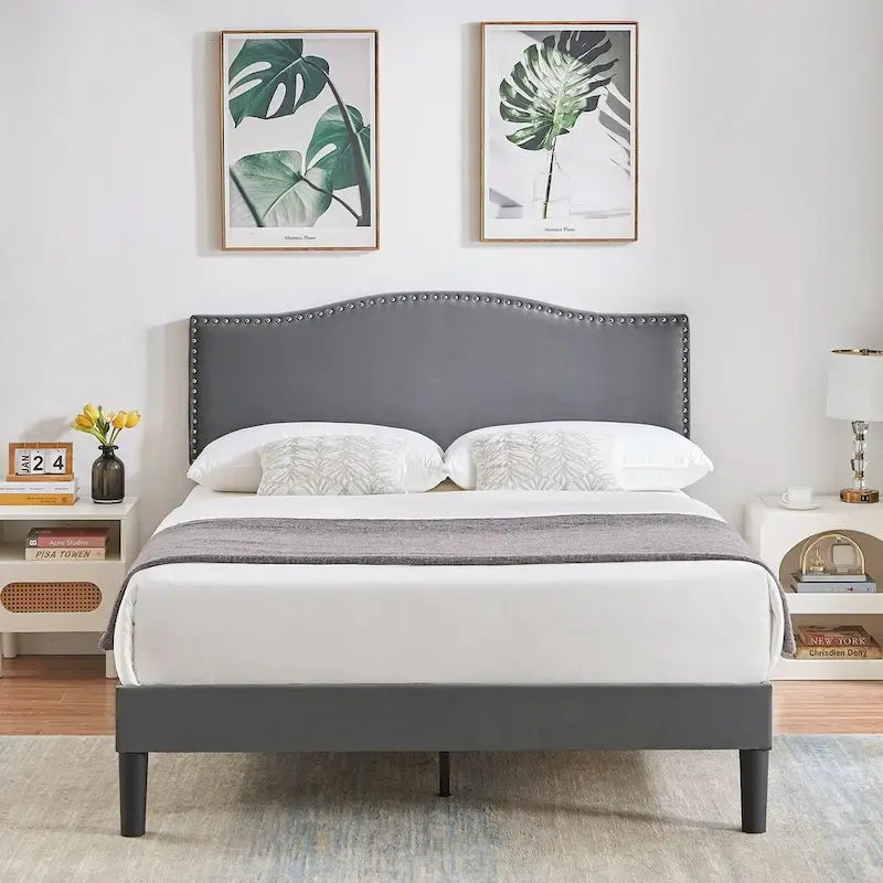 VECELO, Cadre de lit plateforme rembourré avec tête de lit cloutée Lit simple, double, Queen Size – Gris