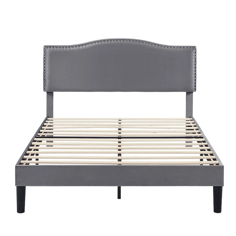 VECELO, Cadre de lit plateforme rembourré avec tête de lit cloutée Lit simple, double, Queen Size – Gris