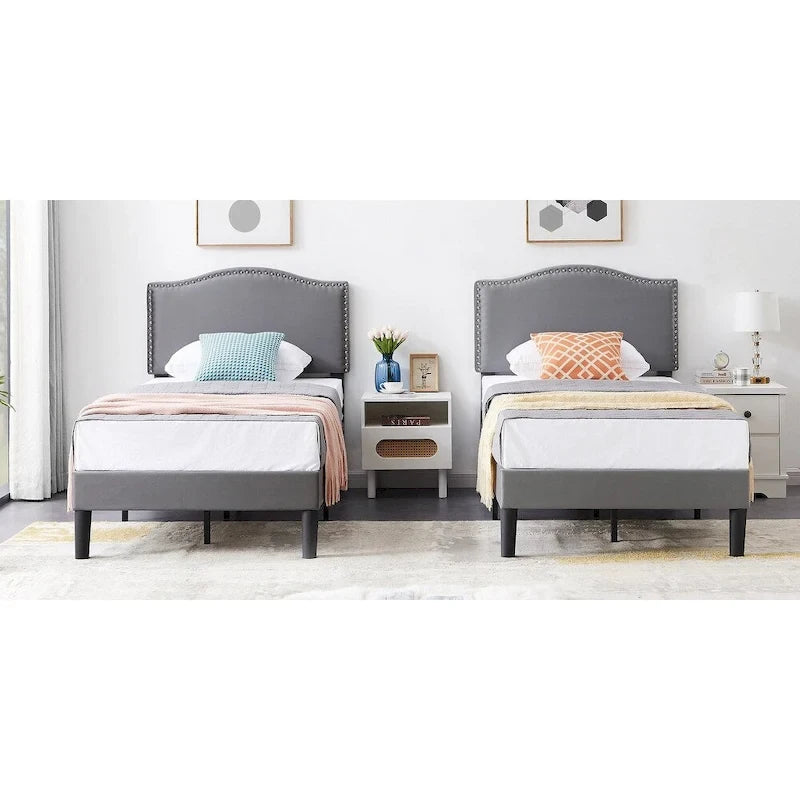 VECELO, Cadre de lit plateforme rembourré avec tête de lit cloutée Lit simple, double, Queen Size – Gris