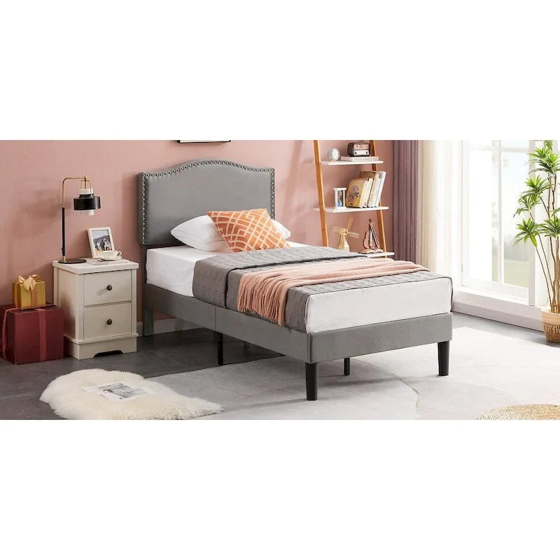 VECELO, Cadre de lit plateforme rembourré avec tête de lit cloutée Lit simple, double, Queen Size – Gris