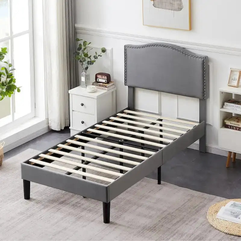 VECELO, Cadre de lit plateforme rembourré avec tête de lit cloutée Lit simple, double, Queen Size – Gris