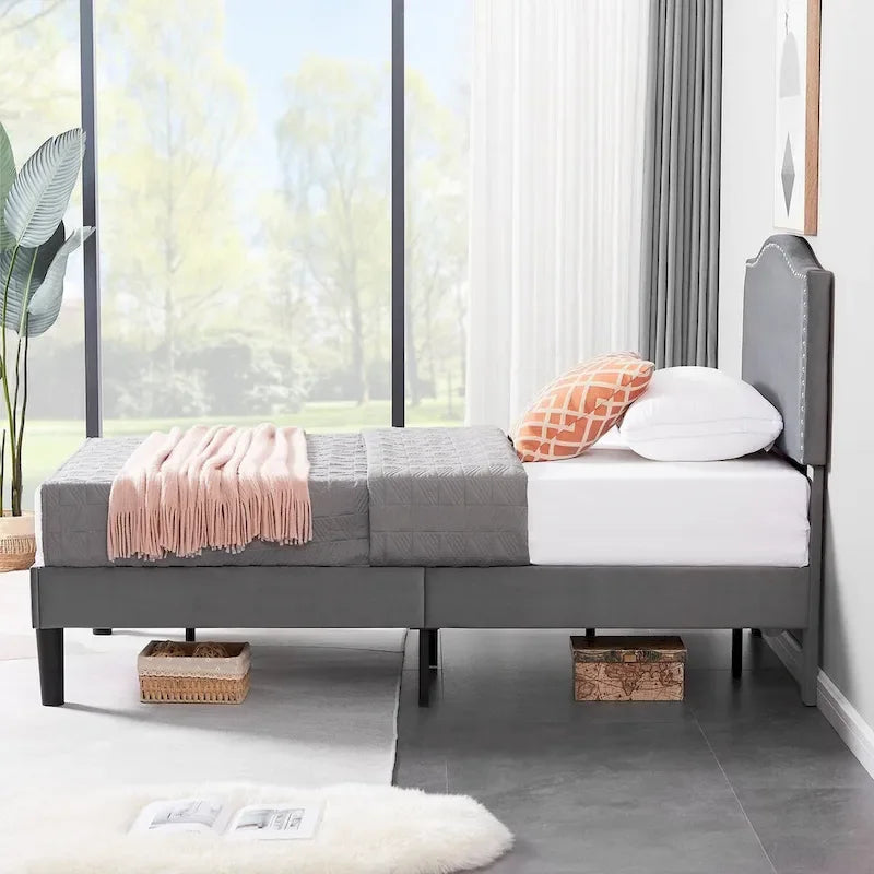 VECELO, Cadre de lit plateforme rembourré avec tête de lit cloutée Lit simple, double, Queen Size – Gris