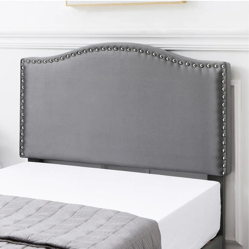 VECELO, Cadre de lit plateforme rembourré avec tête de lit cloutée Lit simple, double, Queen Size – Gris