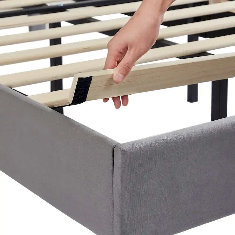 VECELO, Cadre de lit plateforme rembourré avec tête de lit cloutée Lit simple, double, Queen Size – Gris