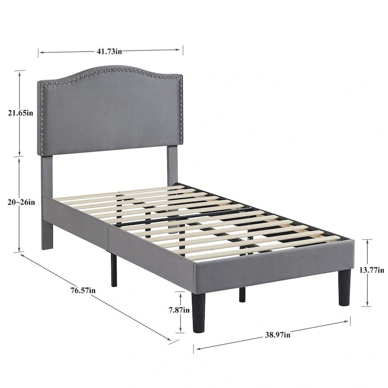 VECELO, Cadre de lit plateforme rembourré avec tête de lit cloutée Lit simple, double, Queen Size – Gris