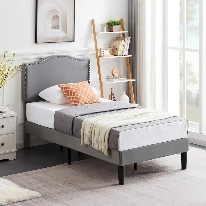 VECELO, Cadre de lit plateforme rembourré avec tête de lit cloutée Lit simple, double, Queen Size – Gris