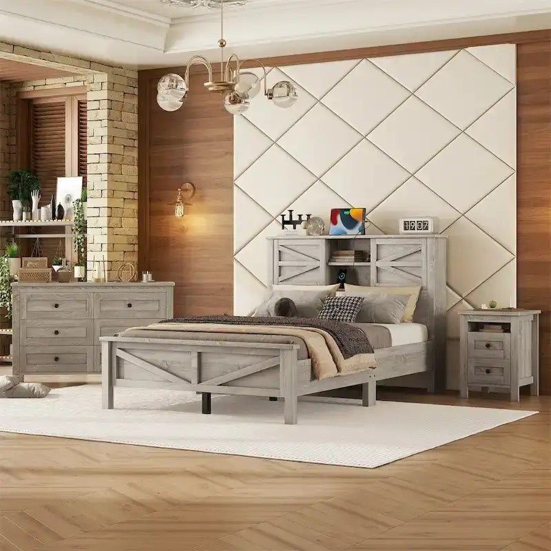 Chambres à coucher Complètes avec Lit Plateforme Double avec Station de Recharge, Table de Chevet, Commode (Lot de 3)