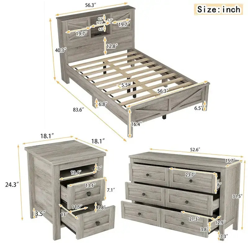 Chambres à coucher Complètes avec Lit Plateforme Double avec Station de Recharge, Table de Chevet, Commode (Lot de 3)
