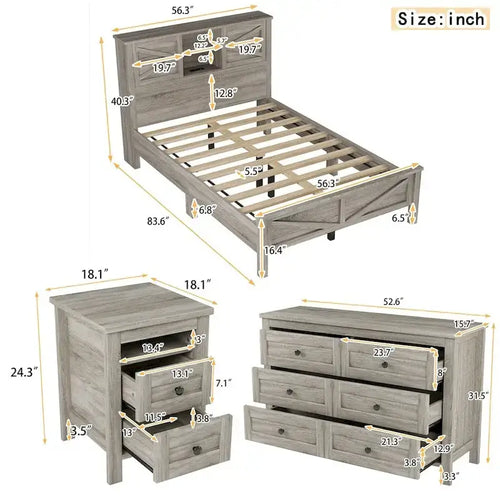 Chambres à coucher Complètes avec Lit Plateforme Double avec Station de Recharge, Table de Chevet, Commode (Lot de 3)