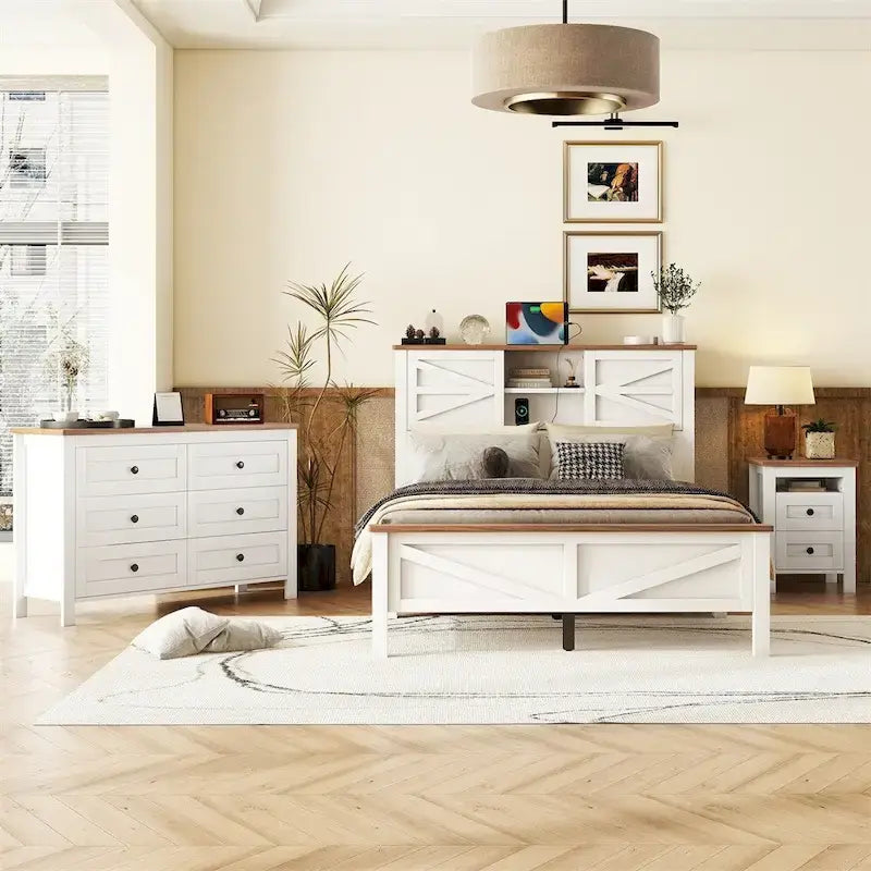 Chambres à coucher Complètes avec Lit Plateforme Double avec Station de Recharge, Table de Chevet, Commode (Lot de 3)