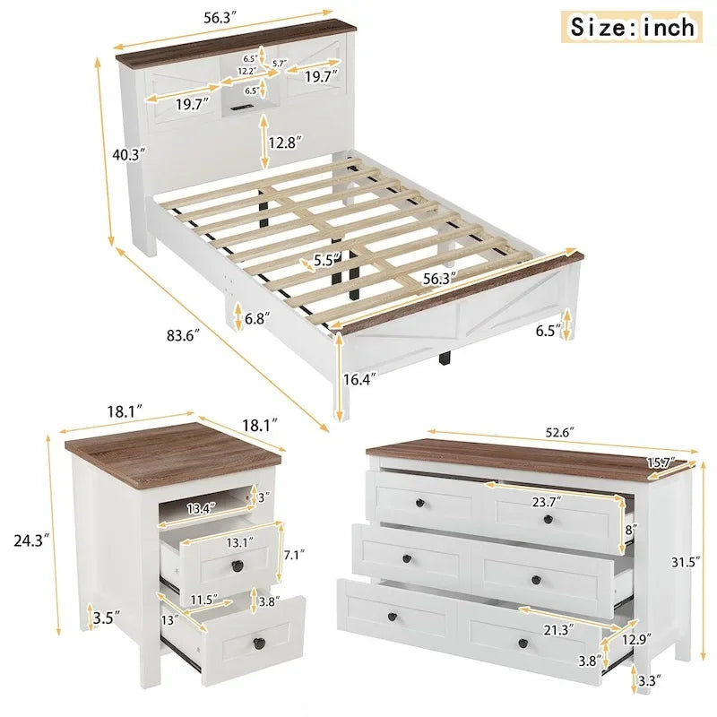 Chambres à coucher Complètes avec Lit Plateforme Double avec Station de Recharge, Table de Chevet, Commode (Lot de 3)