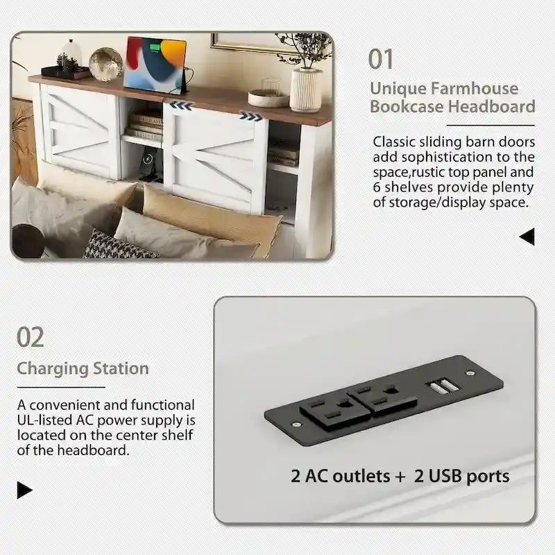Chambres à coucher Complètes avec Lit Plateforme Double avec Station de Recharge, Table de Chevet, Commode (Lot de 3)
