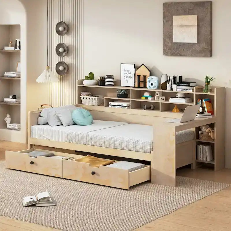 Lit de repos multifonctionnel en bois avec étagères de rangement, 2 tiroirs de rangement et bureau d'étude