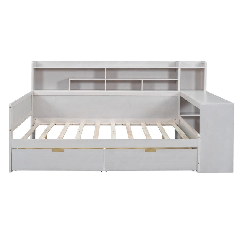 Lit de repos multifonctionnel en bois avec étagères de rangement, 2 tiroirs de rangement et bureau d'étude