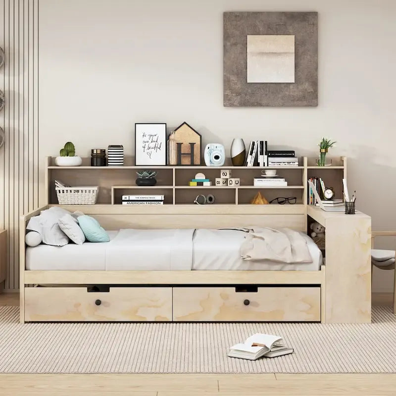 Lit de repos multifonctionnel en bois avec étagères de rangement, 2 tiroirs de rangement et bureau d'étude