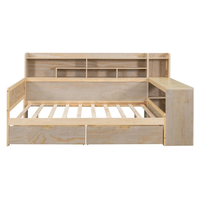 Lit de repos multifonctionnel en bois avec étagères de rangement, 2 tiroirs de rangement et bureau d'étude