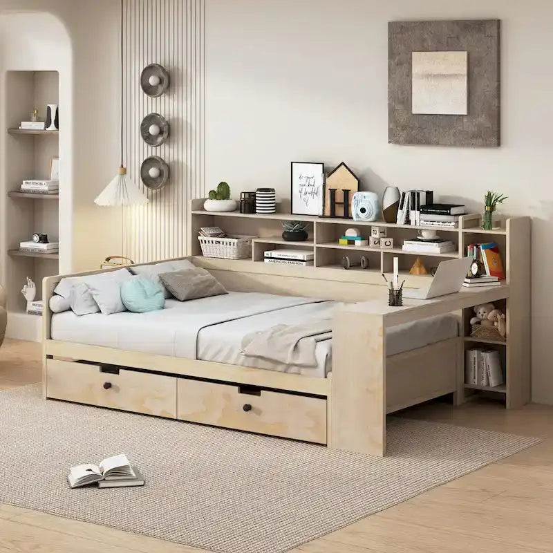 Lit de repos multifonctionnel en bois avec étagères de rangement, 2 tiroirs de rangement et bureau d'étude
