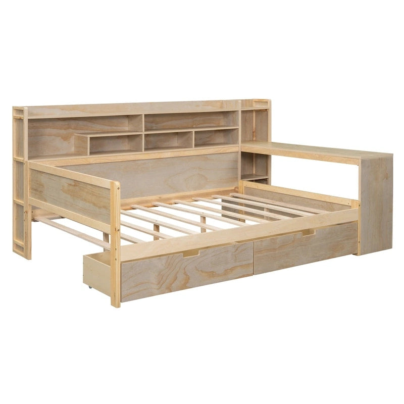 Lit de repos multifonctionnel en bois avec étagères de rangement, 2 tiroirs de rangement et bureau d'étude