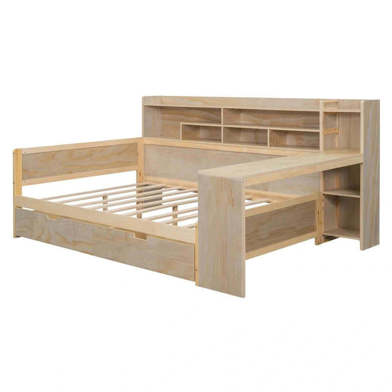 Lit de repos multifonctionnel en bois avec étagères de rangement, 2 tiroirs de rangement et bureau d'étude