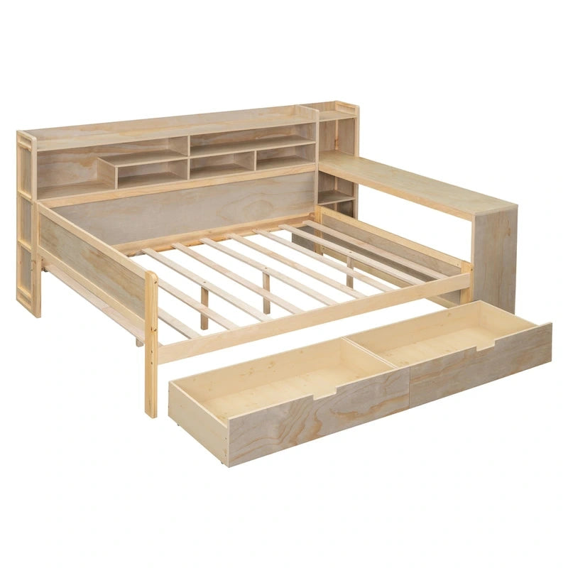 Lit de repos multifonctionnel en bois avec étagères de rangement, 2 tiroirs de rangement et bureau d'étude