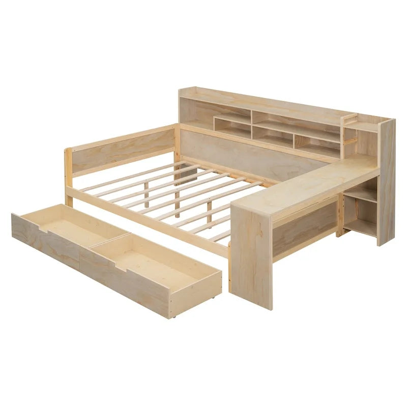 Lit de repos multifonctionnel en bois avec étagères de rangement, 2 tiroirs de rangement et bureau d'étude